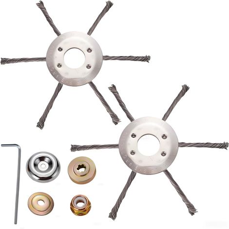 Lot de 2 têtes de débroussailleuse en fil d'acier, lame nouée de 230 mm, remplacement universel pour tondeuse diesel, avec vis de montage pour bordures de pelouse, dérouillage et nettoyage des (1/5)