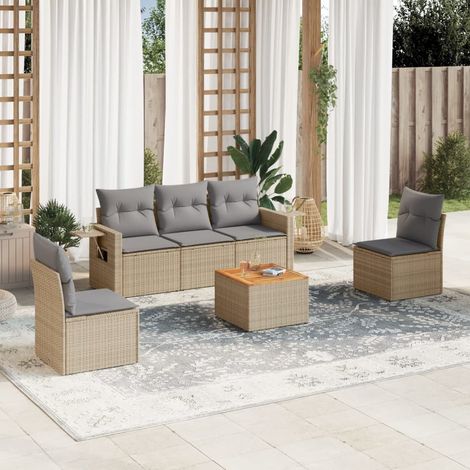 6-tlg. Garten-Sofagarnitur mit Kissen Beige Poly Rattan (1/3)