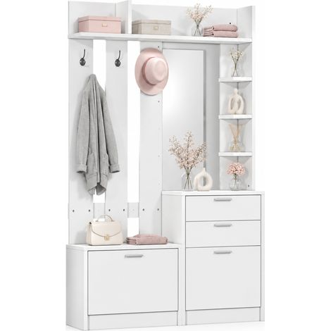 Mobile ingresso 110x34x185 cm MDF bianco con specchio, appendiabiti e scarpiera compatta - CHICFURN (1/5)
