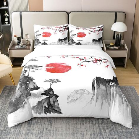 Ensemble de literie Ukiyo - e Japonais Sakura Rouge Soleil Housse de Couette 140x200cm 100% Coton Enfants Garçons Filles Encre Style Japonais Parure de Lit Style Exotique Literie Set - 140 x 200 cm + (1/5)