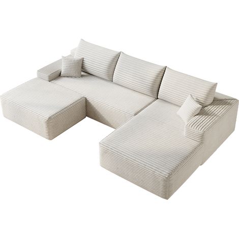 Sofá Modular de Esquina, Asiento Profundo y sin Montaje, con Chaise Longue en L, Tela Acanalada, Blanco (1/5)