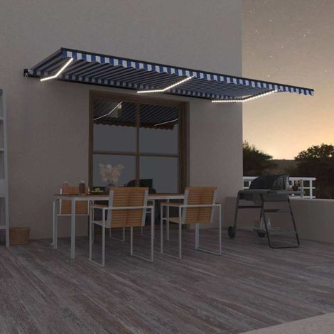 Auvent manuel rétractable avec LED - Auvent de jardin Soleil imperméable 600x300 cm Bleu et blanc BV328609 - BonneVie (1/5)