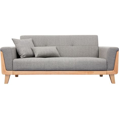 Miliboo – Canapé droit 3 places en tissu gris clair et bois hévéa – Dimensions L183.5 x P75 x H79 cm – Assise mousse 22 kg/m³ – Design scandinave (1/5)
