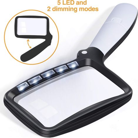 MINKUROW Faltbare Leselupe Große 5 LED Lupe Mit Licht Handlupe 3 Mal 2 Modi Dimmbare Lupe Für Ältere Leseinspektion Hobby Handwerk Uhrmacher Münzen Briefmarken Antiquitäten Schmuck (1/4)