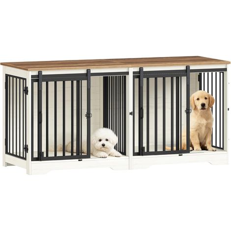 Meuble pour chien double avec séparateur – Cage en bois d’ingénierie – Dimensions 136 x 49 x 64,5 cm – Anti-mastication et anti-évasion