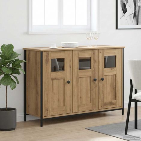 Buffet en bois d’ingénierie chêne artisanal 100 x 35 x 70 cm, 3 étagères, porte réversible - PANGIVO (1/3)