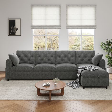 Modernes 4-Sitzer-Ecksofa mit Knopfheftung, Samtbezug, Stauraum, wendbar, 281 x 132 x 86 cm, Grau