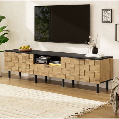 Mueble TV 170x35x44.5 cm natural y negro en tablero de partículas con puertas mosaico, cajón y hueco abierto (1/5)