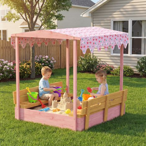 Bac sable enfant Rose Rose 3 6 ans toit flamant sièges pliants couvercle/housse inclus sapin 134,5x127,5x130 cm