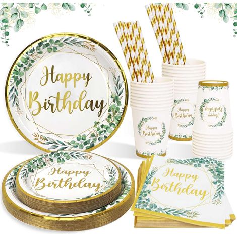 Set Vaisselle Anniversaire Verte pour 25 Invités, 125pcs Vaisselle de Fête Assiette Anniversaire Vert Sauge, Serviette, Pailles, Tasse pour Decoration Garçons Filles Femmes Fête (1/5)