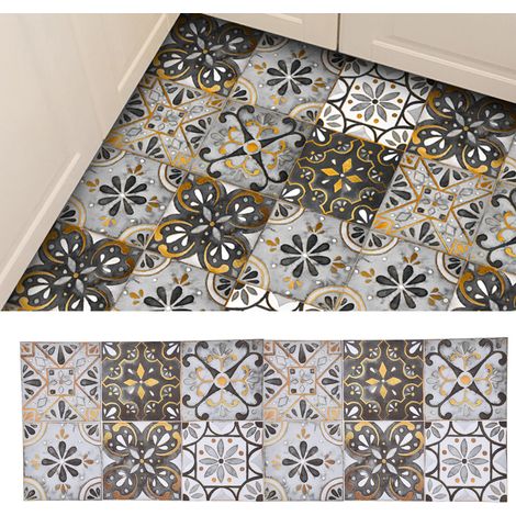 2 Autocollants Carrelage Adhésifs, Décor Céramique Rétro Imperméable pour Cuisine Salle de Bain, Style Vintage avec Bordure Dorée Gris Clair