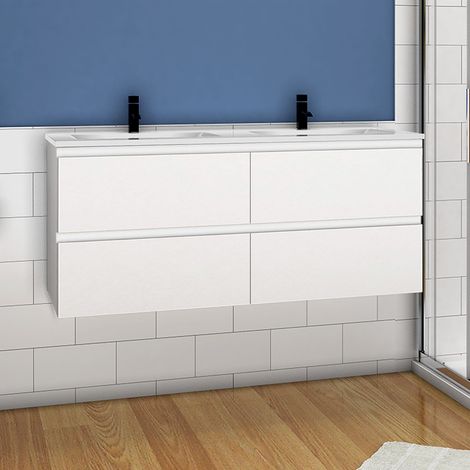 1200mm Bathroom Vanity Unit With Wash Basin Ceramic Sink, 2 Drawers, High Gloss White, Cloakroom Storage Furniture Under Basin Cabinet, Wall Hung Cabinets (1/4)