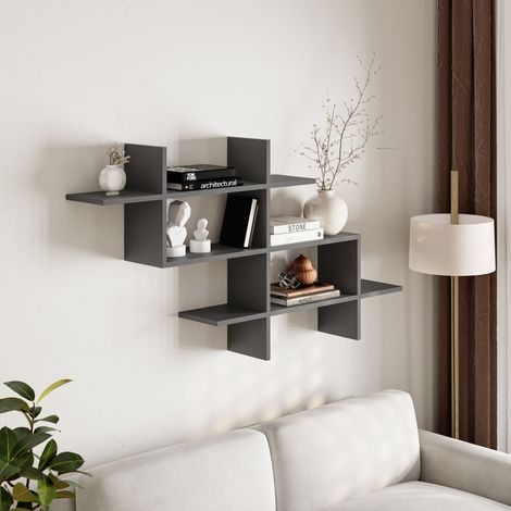 Decortie Halic 3 niveaux étagère murale bibliothèque flottante moderne gris anthracite 150cm (1/5)
