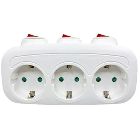 Multiprise murale européenne – adaptateur 3 ports, prise internationale avec protection contre les surcharges et design compact blanc. (1/5)