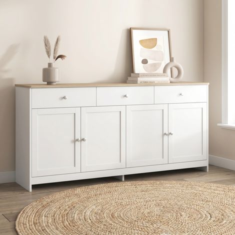Buffet bahut 160 x 37 x 75 cm, avec 3 tiroirs, 4 portes, 2 étagères réglables, meuble de rangement en bois pour salon et cuisine, blanc