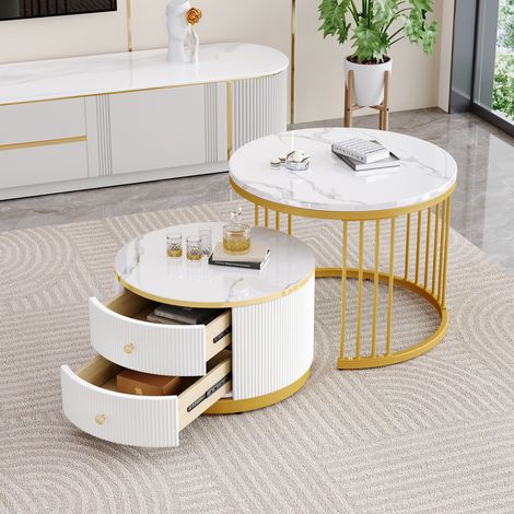 Mesa de centro redonda apilable con 2 cajones, chapa de mármol, mesa auxiliar de sofá, MDF, 60×60×45,5 + 50×50×32 cm, blanco y dorado (1/5)