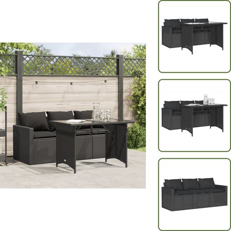 2-tlg. Garten-Essgruppe mit Kissen Schwarz Poly Rattan - Gartengestell - Gartenmöbelset - Outdoor-Lounge - Gartenlounge - Balkonmöbel (1/5)