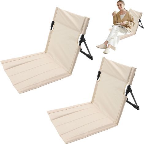 Transat De Plage Pliable: 2 Pièces Tapis De Plage avec Dossier, Portable Confortable 39.5x38x41cm Beige Aluminium Et Tissu pour Camping Randonnée Pique-Nique Plage Vacances (1/5)