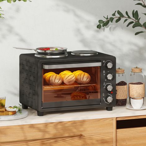 Grille-pain 28 L, four compact pour la cuisson et le grillage, four électrique avec plaque de cuisson, grille, 2600 W, noir (1/5)