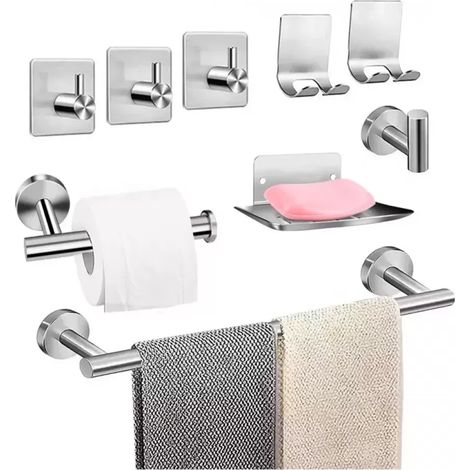 Ensemble d'accessoires de salle de bain 9 pièces en acier inoxydable 304 comprenant une barre porte-serviettes, un porte-papier toilette, un distributeur de savon et un crochet pour peignoir pour sall (1/5)