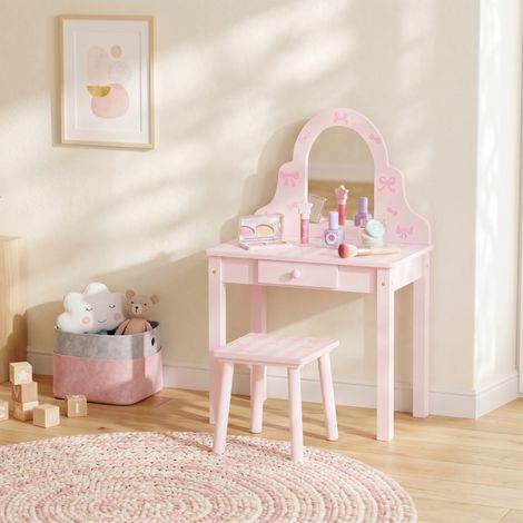 Tocador infantil 2 en 1 (66x40.5x13.5 cm), con espejo extraíble, cajón, MDF y madera de pino rosa (1/5)