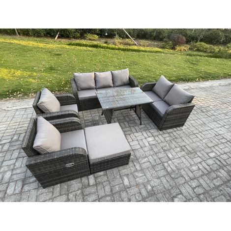 Fimous 8 Seater High Back PE Rattan Sofa Set Outdoor Garden Furniture Dining Table Set With Reclining Chair 3 Seater Sofa Love Sofa Big Footstool