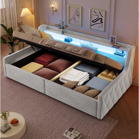 Letto a piattaforma 90x200 cm in velluto beige con contenitore idraulico LED, OKWISH (1/5)