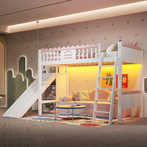 Lit mezzanine enfant en bois 90x200 cm avec toboggan, 3 étagères, LED, fenêtre et garde-corps, certifié EN 747,MDF,blanc et rose (1/5)