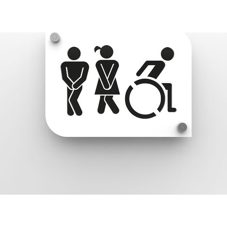Pictogramme toilettes trio homme femme handicapé PMMA design blanc personnalisable - 20x15 cm avec entretoises inox 13 mm (1/6)