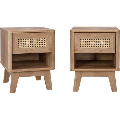 sweeek - 2er-Set Nachttische mit Schublade und Nische in Holzoptik und Rattan-Geflecht