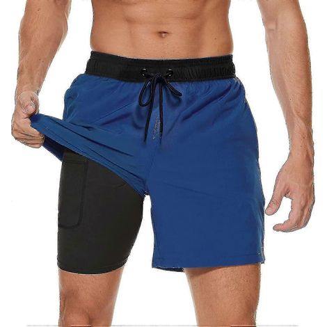 Short de bain homme avec doublure de compression et séchage rapide - Short de plage/surf avec poches zippées pour homme Black-blue-M (1/5)