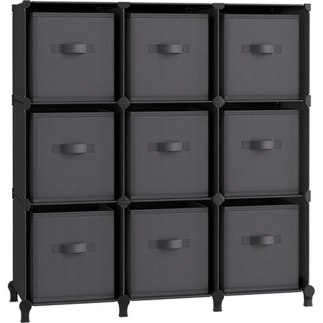 SONGMICS Meuble de Rangement avec Boîtes, Meuble à 9 Cases pour Vêtements, Étagères en Tissu Non-tissés, Personnalisable, Extensible, Gain de Place, Chambre, Noir d'Encre et Gris Tourterelle