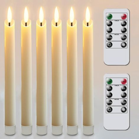 Velas LED sin llama con efecto parpadeante, juego de 6, funcionan con pilas, incluyen mando a distancia y temporizador, diámetro 2 cm, altura 24,5 cm - Marfil [Clase energética A] (1/4)