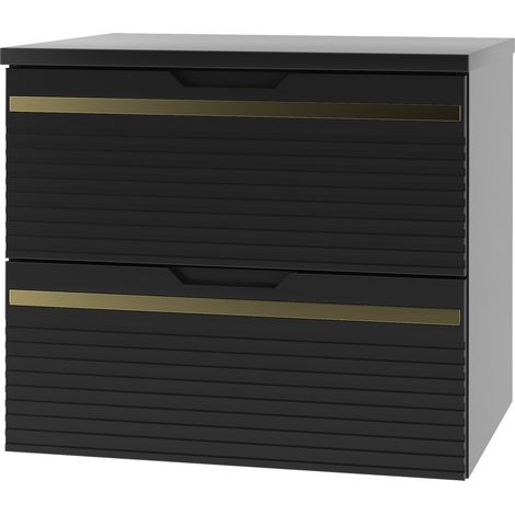 Meuble sous vasque suspendu avec plan VESPER noir 60 cm - bande décorative dorée