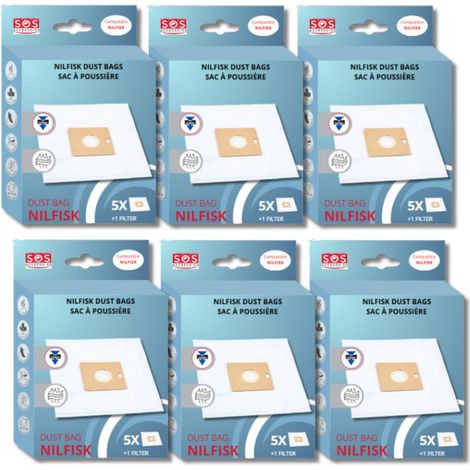 Ersatzteil - SOS Accessoire Lot de 6 boîtes de 5 sacs avec 1 pre filtre COUPE/COMPACT/GO/FORCE pour Aspirateur NILFISK 78602600, 22422400 - - NILFISK, FAKIR