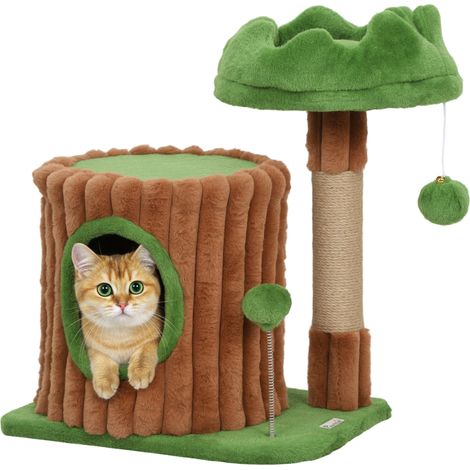 PawHut árbol rascador para gatos, árbol para gatos 53 cm, diseño de tronco, torre escalador con casita, cama, poste de Yute, bolas, marrón y verde
