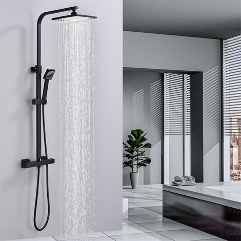 Duschsystem mit Thermostat 38℃ Duscharmatur Schwarz Regendusche Duschset Dusche inkl. Regal verstellbarer Edelstahl Duschstange Duschset (1/10)