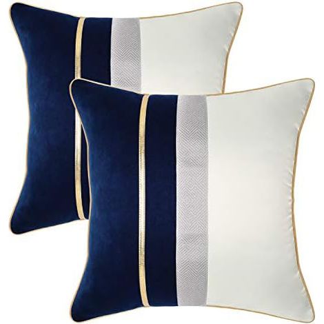 Housse de Coussin 45x45 cm Velours Taies d'oreiller Bleu Marin Blanc Patchwork Bande (1/4)