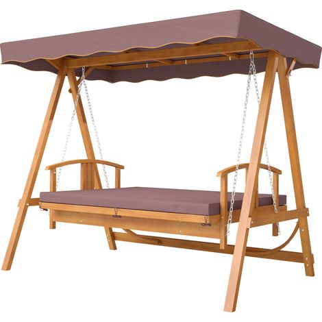 Balançoire Hollywood avec pare soleil, en bois véritable, avec fonction inclinable, pour 3 personnes, marron (1/5)