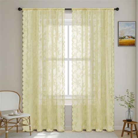 Rideaux en Voile à Dentelle Jaunes 2 Pièces 100 × 250 cm, Rideau de Fenêtre Moderne, pour Salon Chambre Cuisine Décor (1/5)