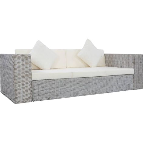 Divano a 3 Posti con Cuscini Grigio in Rattan Naturale vidaXL
