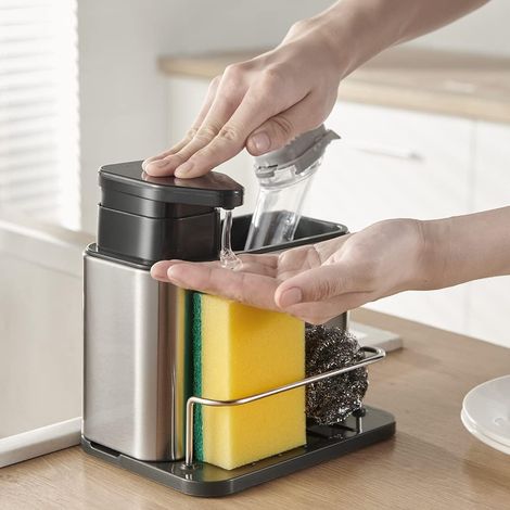 Distributeur de liquide vaisselle 3 en 1 avec porte-éponge intégré pour évier de cuisine, en acier inoxydable antirouille. (1/5)