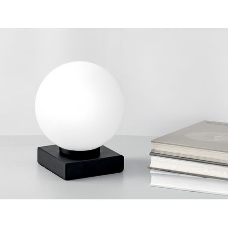 Kleine LED Tischleuchte Schwarz mit Glaskugel in Opalweiß, Höhe 17,5cm