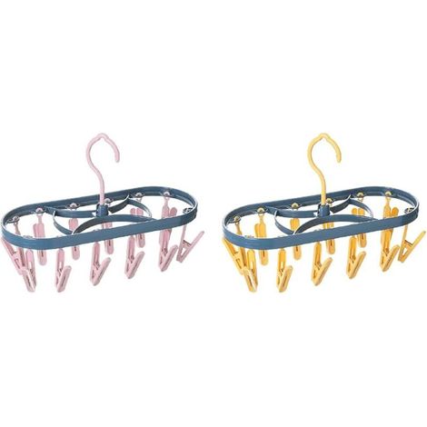 Lot de 2 cintres de séchage en plastique avec 12 pinces, portables pour sous-vêtements, chaussettes, soutien-gorge, culottes, gants, intérieur et extérieur