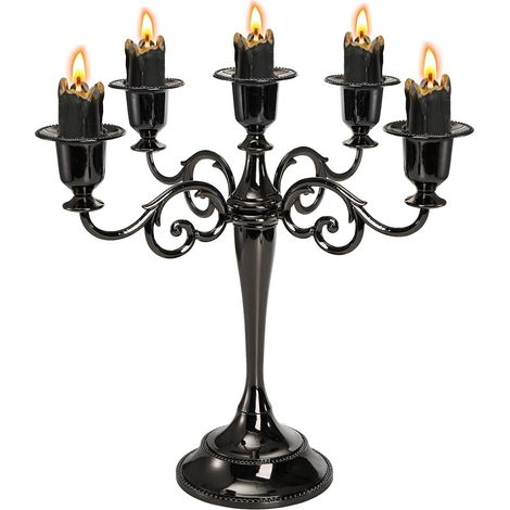 Chandelier à 5 Bras, 26,4 cm de Haut, Noir Brillant, bougeoir Gothique pour Bougies piliers de 2,5 cm de diamètre, pièce maîtresse pour Mariage, église, cheminée, Halloween (1/5)