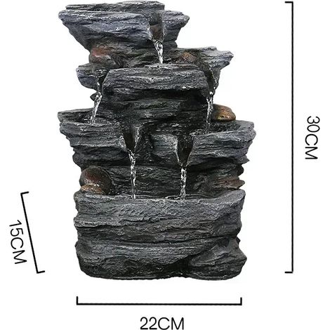 (Prise USB A) Fontaine d'intérieur/extérieur avec cascade de rochers à 5 niveaux et éclairage LED, idéale pour une décoration relaxante. Parfaite pour le jardin ou la table. (1/5)