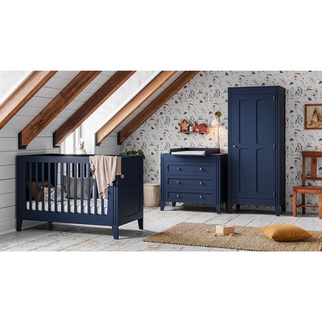 Chambre bébé complète évolutive avec commode à langer et armoire 1 porte – Panneaux de bois mélaminé – Lit avec sommier réglable 3 hauteurs – Bleu – VOX