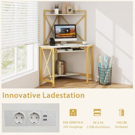 Escritorio con estacion de carga mesa de ordenador de esquina con estante para teclado y 2 estantes 113 x 75 x 145 cm blanco dorado