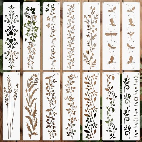 14pièces Pochoirs pour Peinture Réutilisable, 30x7.62cm Pochoir pour Dessin en Plastique Plantes Bricolage Bois Mur Maison Décor (1/5)