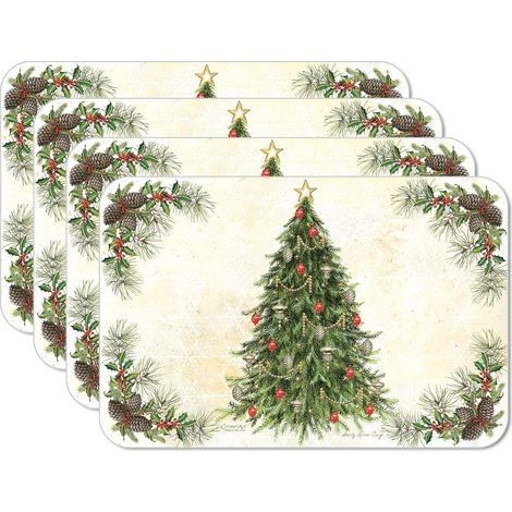 DOLASO Tischsets, wendbar, weicher, pflegeleichter Kunststoff, Vintage-Weihnachtsbaum-Design, 4er-Set, hergestellt in den USA (1/4)